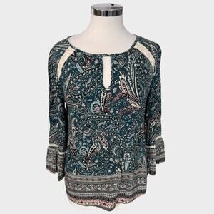 Artesia 3/4 Sleeve Small Blouse Navy Blue White Paisley 100% Rayon